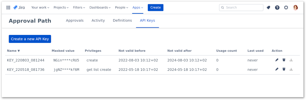 API Keys tab